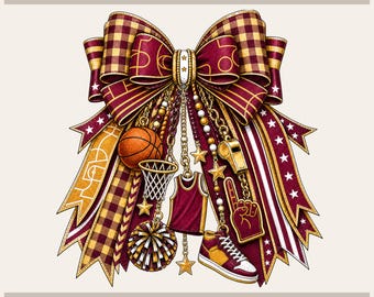 Maroon Gold Bow Png, Coquette Basketball Mom Design | Sublimation File | Digital Download Print Then Cut