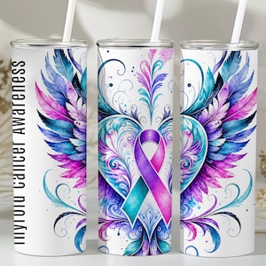 May include: A white cylindrical tumbler with a straw featuring a heart design composed of blue and purple feathers, a central awareness ribbon in teal and purple, and the vertical text "thyroid cancer awareness" in black lettering.