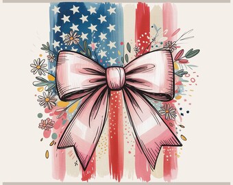 Patriotic Bow Png | Coquette Red White Blue Ribbon Design | Sublimation Dtf Transfer - Download