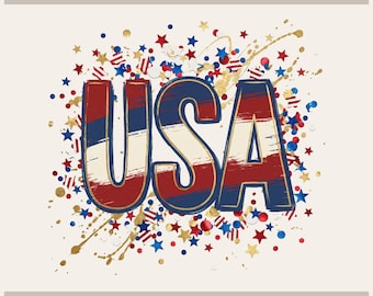 May include: A digital graphic design featuring the text USA in a distressed red, white, and blue brushstroke pattern. The letters are surrounded by a festive explosion of red, blue, and gold stars, circles, and paint splatters on a light background.