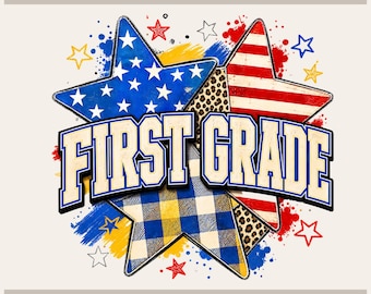 May include: A graphic design featuring the text FIRST GRADE in bold blue-outlined letters layered over three overlapping stars. The stars display a blue field with white stars, red and white stripes, and a blue and yellow buffalo plaid pattern.