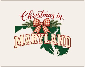 May include: A graphic design featuring the text Tryon Graphic Designs at the top and Sublimation-DTF-X-Tool-Cricut-Silhouette at the bottom. The center shows a green map of Maryland with a red and white gingham bow and pine branches above.