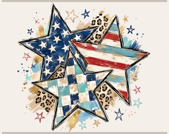 May include: A digital graphic design by Tryon Graphic Designs featuring three overlapping stars with varied patterns including a blue star with white stars, a red and white striped star, and a blue and white checkered star, accented with leopard print.