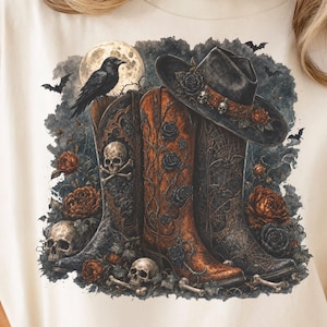 Goth Cowboy Boots, Purple Skull Floral PNG - Digital Sublimation Art | Halloween Craft Design