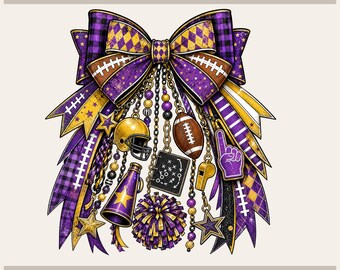 May include: A decorative bow in purple, gold, and brown featuring football-themed charms including a helmet, football, megaphone, pom-pom, whistle, and play board. The text reads Tryon Graphic Designs and Sublimation-DTF-X-Tool-Cricut-Silhouette.