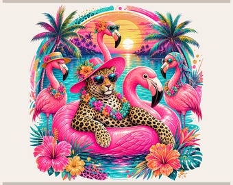 May include: A digital graphic design labeled Tryon Graphic Designs and Sublimation-DTF-X-Tool-Cricut-Silhouette featuring a leopard wearing sunglasses and a floral hat inside a pink flamingo float, surrounded by three pink flamingos, palm trees, and hibiscus flowers against a sunset background.