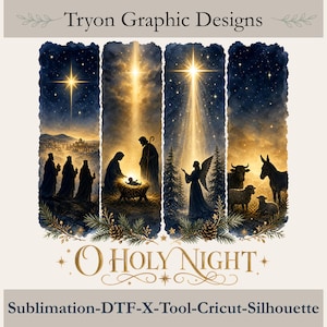 May include: A digital graphic design featuring four vertical panels depicting a nativity scene with silhouettes of the three wise men, the holy family, an angel, and animals under a starry sky. Text reads Tryon Graphic Designs and O Holy Night.
