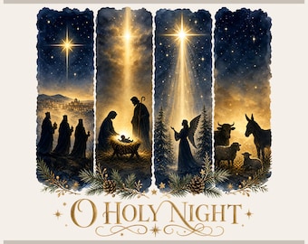 May include: A digital graphic design featuring four vertical panels depicting a nativity scene with silhouettes of the three wise men, the holy family, an angel, and animals under a starry sky. Text reads Tryon Graphic Designs and O Holy Night.