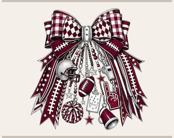May include: A maroon and white graphic design featuring a large bow with a checkered pattern, adorned with hanging charms including a football helmet, a football, a whistle, a megaphone, a foam finger, and a play diagram, labeled Tryon Graphic Designs.