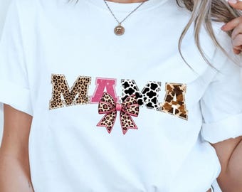 Leopard Mama | Pink Glitter Bow, Cow Print Tee Graphic - Sublimation File - PNG Download