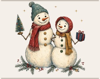 Snow Couple Png, Vintage Snowman Knit Hats | Christmas Sublimation Transfer Graphic - Digital Design