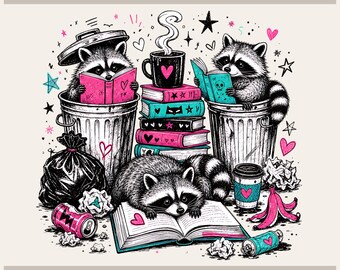 May include: A graphic illustration titled Tryon Graphic Designs featuring three raccoons reading books, with two raccoons inside metal trash cans and one lying on an open book. The design includes stacks of books, a coffee mug, and trash items in pink and teal.