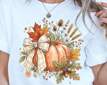 Pumpkin Plaid Bow PNG – Watercolor Fall Sublimation Design