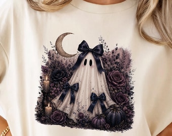 Moody Ghost PNG - Coquette Bow Halloween Shirt Design