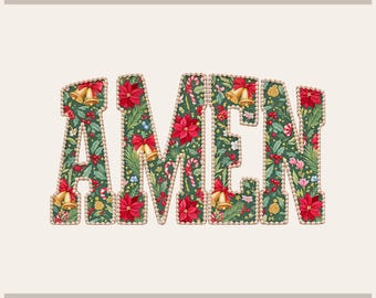 May include: The word AMEN in block letters with a dark green background featuring a Christmas pattern of red poinsettias, gold bells, candy canes, and holly leaves. The letters are outlined with a small white beaded border on a light background.