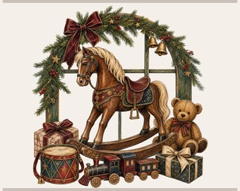 Vintage Toy Shop PNG, Nostalgic Christmas Rocking Horse - Digital Sublimation File | Transparent Backdrop