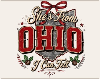 Shes From Ohio, Glitter Grey Silhouette | Red Varsity Lettering | Dtf Png, Buckeye State Pride