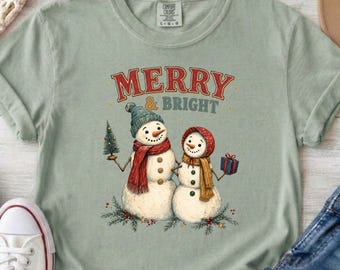 Merry Bright Png - Vintage Snowman Duo | Transparent Sublimation | Christmas Shirt, Card, Tumbler