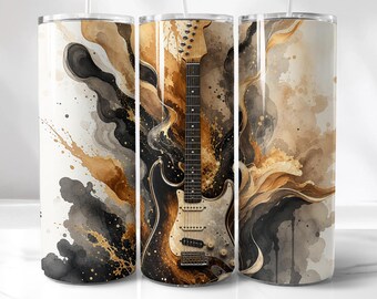 Guitar Tumbler Wrap | Watercolor Electric Design - 20Oz PNG | Black Gold Sublimation