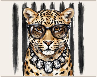 Stripe Leopard, Glam Portrait | Png Dtf Transfer | Black Frame Glasses | 300 Dpi Digital Download