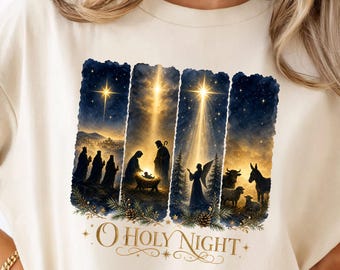 O Holy Night | Four Panel Nativity PNG - Watercolor Manger Scene | DTF Transfer Shirt Artwork