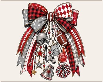 May include: A decorative bow graphic featuring red, black, and grey patterns with football-themed charms including a helmet, ball, whistle, megaphone, pom-pom, and foam finger. The text Tryon Graphic Designs and Sublimation-DTF-X-Tool-Cricut-Silhouette is visible.