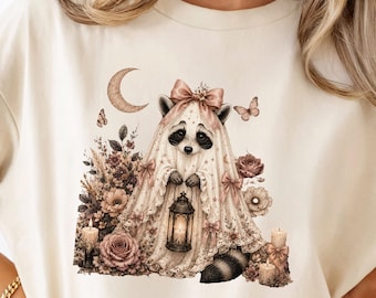 Raccoon Ghost PNG - Coquette Mauve Halloween Shirt Design