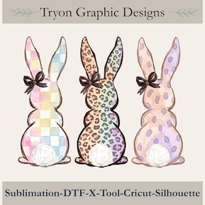 Puede incluir: Tres siluetas de conejo con colas blancas esponjosas y lazos negros. El primero tiene un patrón de cuadros pastel, el segundo un estampado de leopardo colorido y el tercero un diseño de puntos morados. Texto: Tryon Graphic Designs y Sublimation-DTF-X-Tool-Cricut-Silhouette.