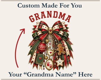 Personalized Grandma Christmas Bow PNG – Custom Nana Mimi Name Sublimation Design