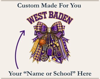 Personalized Basketball Charm Bow PNG – Custom Team Name Purple Gold Hoops