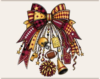 May include: A decorative bow in maroon and gold with plaid and diamond patterns, featuring hanging charms of a football helmet, whistle, play sheet, football, pom-pom, megaphone, and foam finger. Text reads Tryon Graphic Designs.