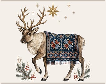 Nordic Reindeer Png, Scandinavian Tapestry Caribou | Winter Wall Art | Sublimation Digital File