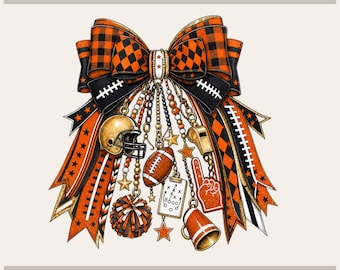 May include: A decorative bow featuring an orange and black buffalo plaid pattern with hanging charms including a gold football helmet, a brown football, a whistle, a megaphone, a foam finger, a pom-pom, and a play diagram board with stars.
