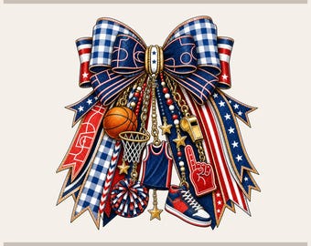 Patriotic Basketball, Red White Blue Coquette Bow | Game Day Png | Print Then Cut File
