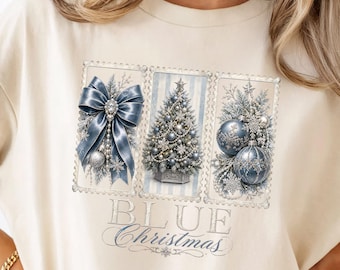 Frosted Blue Tree, Winter Decor | 3 Panel Sublimation PNG | Satin Bow Pearls | Snowflake Frames