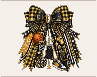 Black Gold Bow Png - Coquette Basketball Sublimation File | Transparent Background | Game Day