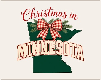 May include: A graphic design featuring the text Tryon Graphic Designs at the top and Sublimation-DTF-X-Tool-Cricut-Silhouette at the bottom. The center shows a dark green Minnesota state silhouette, a red and white gingham bow, and pine branches.