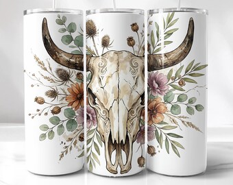Bull Skull Tumbler Wrap, Boho Floral PNG | Sublimation DTF | 20Oz Digital Download