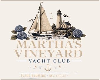 May include: A graphic design featuring a sailboat and lighthouse with blue hydrangea flowers. Text reads Tryon Graphic Designs, Martha's Vineyard Yacht Club, Island Summers, New England, and Sublimation-DTF-X-Tool-Cricut-Silhouette with an anchor icon.