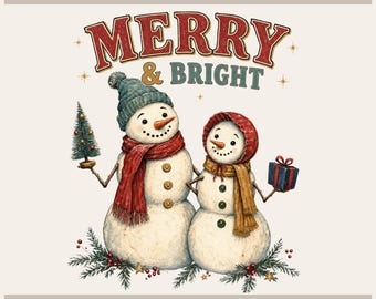Merry Bright Png - Vintage Snowman Duo | Transparent Sublimation | Christmas Shirt, Card, Tumbler