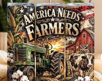 May include: A cylindrical tumbler with a metal straw featuring a graphic print of a green tractor, a red barn, a cow, and wheat stalks against an American flag background. The text AMERICA NEEDS FARMERS is printed in large, bold, dark lettering.