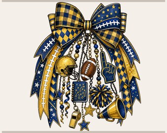May include: A digital graphic featuring a large bow with blue and gold plaid and star patterns, adorned with hanging charms including a football helmet, a football, a playbook, a whistle, a pom-pom, a megaphone, and a foam finger.