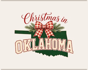 May include: A graphic design featuring the text Christmas in Oklahoma with a red and white checkered bow and green pine branches over a dark green silhouette of the state of Oklahoma. The text Tryon Graphic Designs appears at the top.