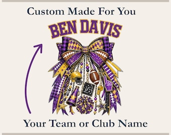 Purple Gold Football, Personalized Cheer Bow PNG | Team Name | Game Day Sublimation Design