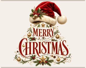 May include: A graphic design featuring the text Tryon Graphic Designs at the top and Sublimation-DTF-X-Tool-Cricut-Silhouette at the bottom. A red velvet Santa hat sits above the red text Merry Christmas, surrounded by pine branches and gold ornaments.