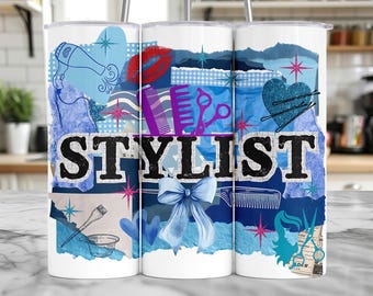 Hair Stylist Tumbler, Blue Collage Design Wrap | 20Oz Sublimation | Artist Inspired File For Decor
