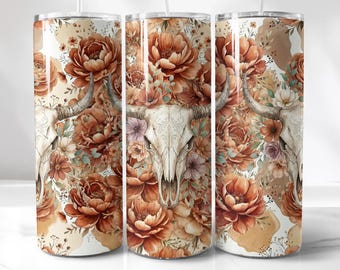 Rustic Cowgirl Skull Tumbler Wrap, Boho Floral | Western 20Oz Digital Png | Sublimation File