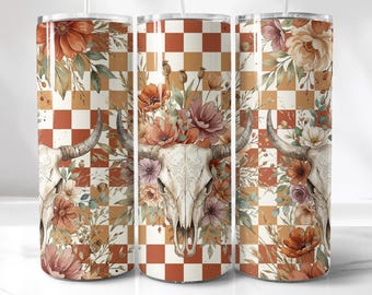 Boho Western, Floral Skull Tumbler Wrap - Sublimation PNG | 20Oz Digital File | Canva Ready