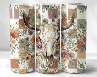 Boho Bull Skull, Plaid Tumbler Wrap | Sublimation Png | Mauve Tan Sage Checkerboard 20Oz Skinny