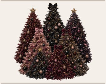 Black Christmas Tree, Moody Holiday PNG | Burgundy Pine Trio | Transparent Wall Art File